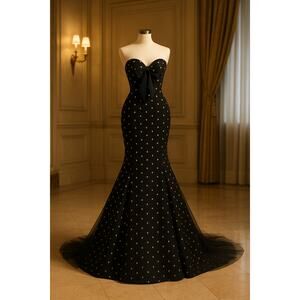 Jovani Black Gold Polka Dot Strapless Sweetheart Mermaid Gown Tulle Train 6